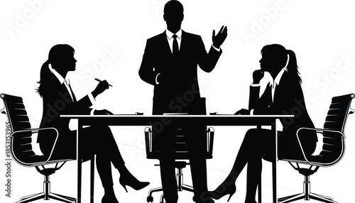 Business meeting silhouette with three professionals discussing around a conference table for teamwork, leadership, and corporate themes.