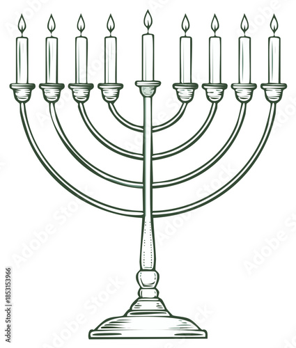 Line art of a traditional Hanukkah menorah with lit candles