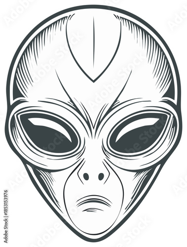 Alien head illustration in grey shades, line art style, vintage etched details, retro design