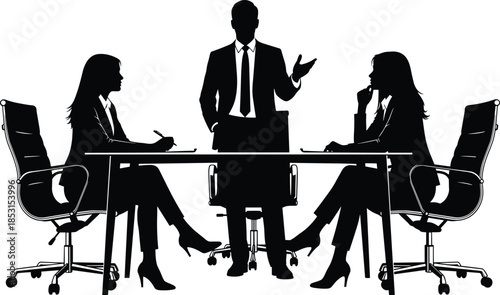 Business meeting silhouette with three professionals in formal attire around a conference table for teamwork and leadership themes.