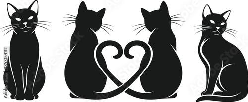 Cat silhouette illustration with heart-shaped tails and symmetrical poses for love, pet, and minimalist design themes.