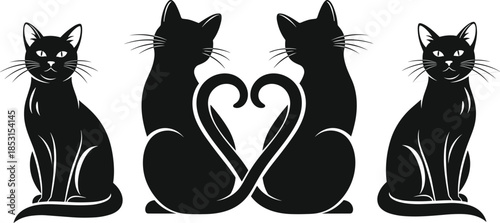 Cat silhouette illustration with heart-shaped tails and symmetrical poses for love, pet, and minimalist design themes.