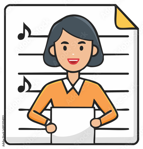Woman Musician Holding Sheet Music and Notes Illustration