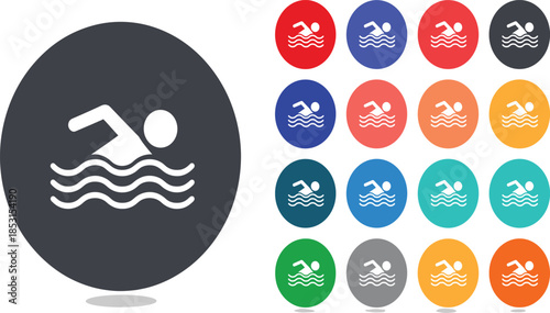 Large Collection of Colorful Swimming Icons in Flat Circular Button Style for Water Sports and App Interface Design.