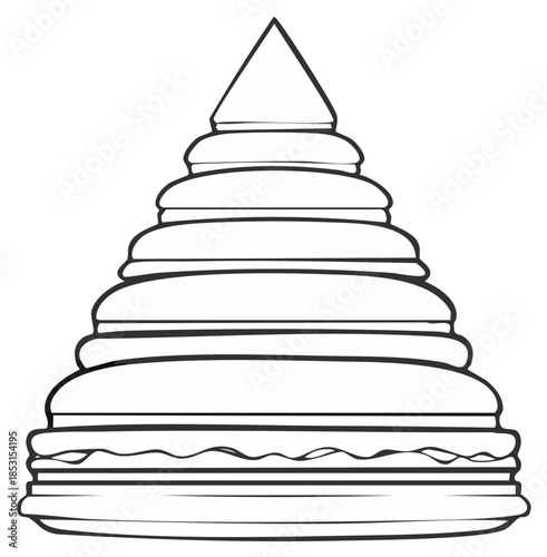Traditional Asian tiered pagoda or Buddhist stupa line art illustration drawing