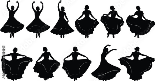 Dancer silhouette set with twelve flowing dress poses for traditional, folkloric, and expressive movement themes.