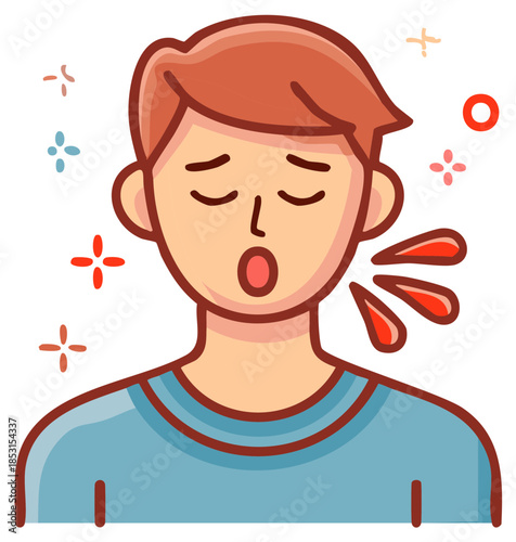 Ill Man Coughing with Closed Eyes, Vector Illustration of Sickness Symptoms