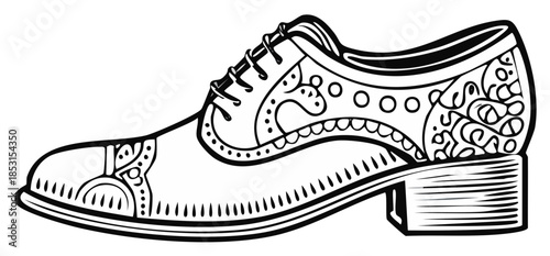 Stylish mens oxford brogue shoe detailed black and white line art illustration with intricate decorative patterns