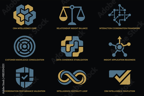 CRM intelligence concepts with modern blue and gold icons