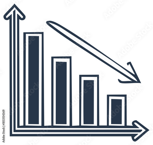 Simple decreasing bar graph doodle icon depicting financial loss or negative market trend