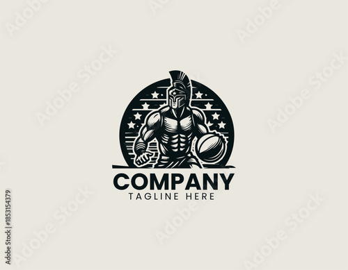 Warrior basketball character is depicted as a powerful sports emblem in a bold black vector logo illustration