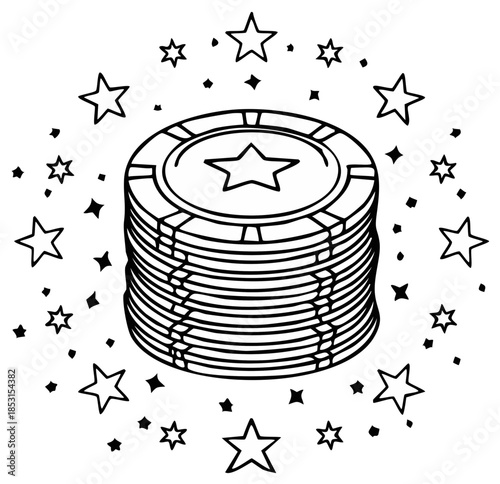 Stack of Casino Chips with Stars and Sparkles Line Art