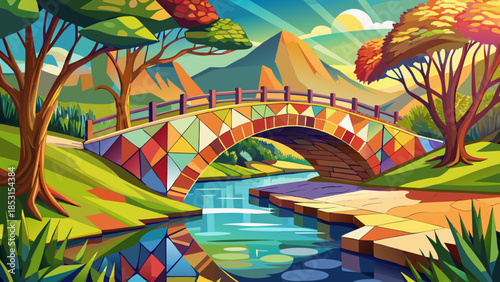 Very beautiful artistic view of a bridge spanning a river on a sunny day, transformed into a mosaic-style scene creating a stained glass illusion within surrounding nature.