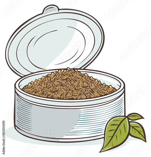 Illustration of an open can of food with leaves, perfect for food or culinary themed projects.