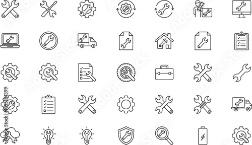 Tools, Technology, Vehicle, and Home Fix Lineal Vector Symbols for Technical Support and Settings Interface.
