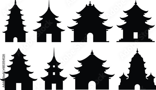 East Asian pagoda silhouette set with tiered roofs, curved eaves, and spires for cultural architecture and heritage themes.t