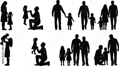 Family interaction silhouette set with adults and children in affectionate poses for parenting, bonding, and lifestyle themes.