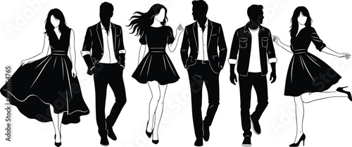 Fashion silhouette set with six stylish male and female figures in dynamic poses for modern apparel and lifestyle themes.