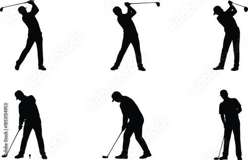 Golf swing silhouette set showing six distinct poses including backswing, follow-through, setup, and putting stance for sports technique.