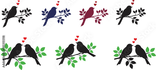 Lovebird silhouette set with perched birds, leafy branches, and red hearts for romantic, nature, and Valentine themes.