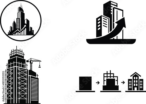 Construction and development icons featuring buildings and growth