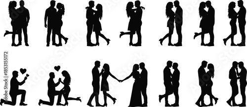 Romantic couple silhouette set with fourteen expressive poses including proposals, kisses, and affectionate gestures for love themes.