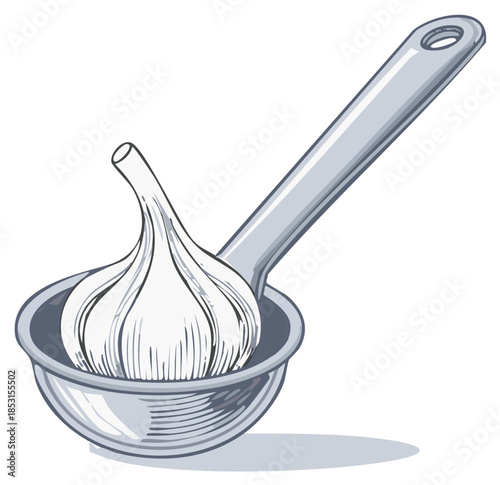 Garlic bulb nestled inside a small metal ladle in an eye-catching artistic illustration
