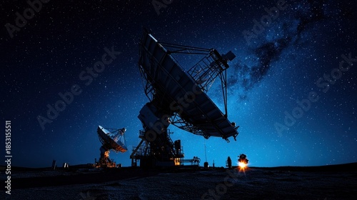 Two massive satellite dishes point upwards at a star-filled night sky with a small illuminated figure at the base