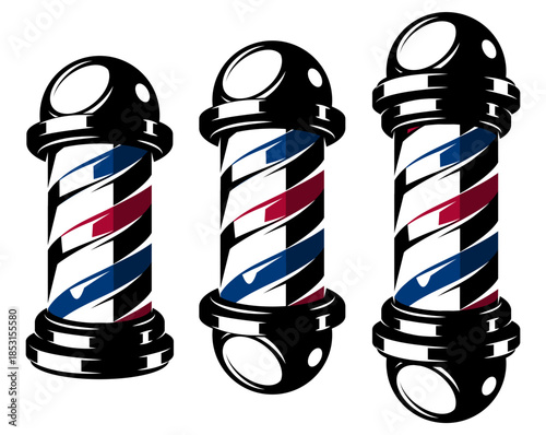 Barber shop pole vector illustration with red and blue stripes, black top and bottom, set of three different sizes.