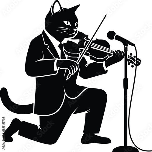 Cat playing violin on stage isolated on white background, Vector, illustration