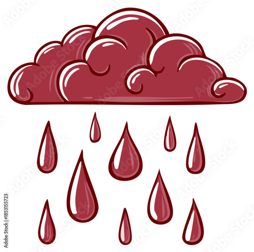 Stylized Cartoon Cloud Bursting with Maroon Rain Drops Against a White Canvas