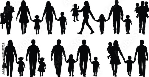 Silhouettes of diverse family groups walking and standing together, showing love, care, and connection across different family structures