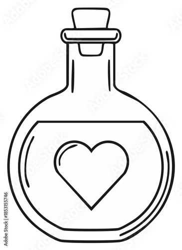 Love potion in a glass bottle with a cork stopper and a heart shape inside