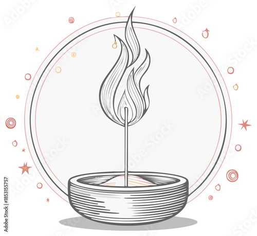 Hand drawn illustration of a diya oil lamp with a bright flame inside a circle with decorative elements