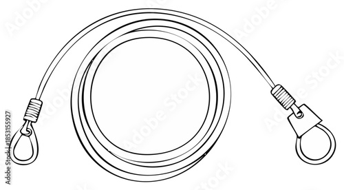Coiled dog leash with handle and snap hook clasp line art illustration