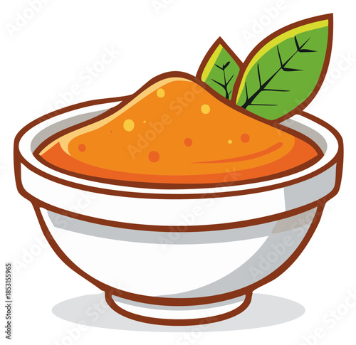 Cartoon illustration of a bowl with orange dip and decorative green basil leaves