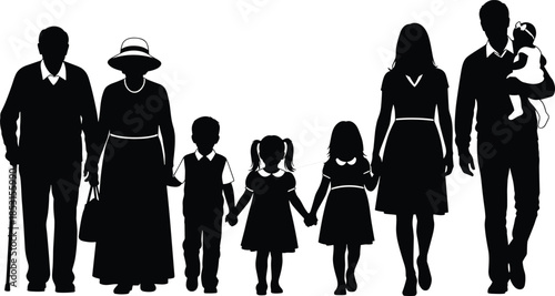 Silhouettes of multigenerational family standing together, holding hands, symbolizing love, unity, and connection across different life stages