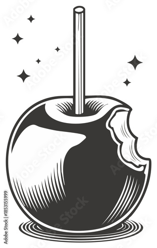 Vintage monochrome illustration of a bitten toffee apple treat with a shiny glaze