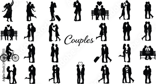 Silhouettes of romantic couples in various poses and activities expressing love, affection, and companionship around elegant “Couples” text
