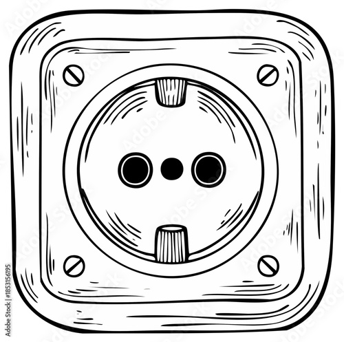 Electrical Outlet Sketch Illustration: Square Socket for Power Plug with Safety Grounding