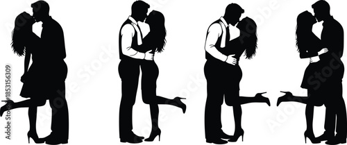 Silhouettes of romantic couples kissing in elegant poses, expressing love, intimacy, and emotional connection on white background