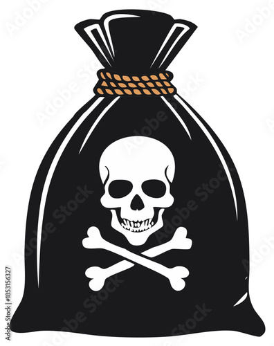Black sack with a skull and crossbones symbol tied with a rope. Vector graphic illustration of a danger or poison bag.