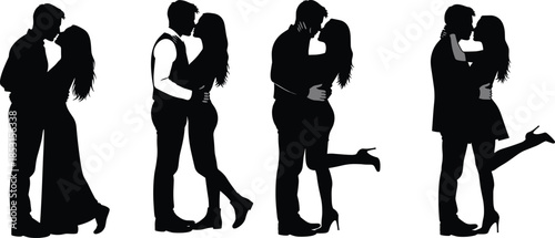 Silhouettes of romantic couples kissing in expressive poses, showcasing love, intimacy, and emotional connection on white background