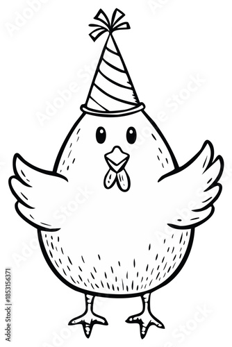 Festive Chicken Illustration Wearing Party Hat, Monochrome Cartoon Graphic