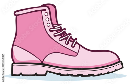 Pink boot illustration, cartoon style, with laces and eyelets, in a flat design