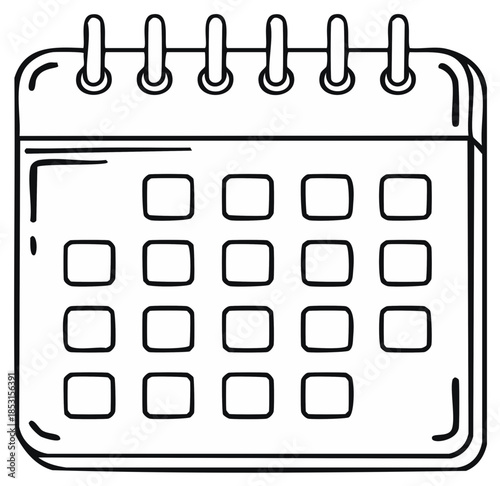 Minimalist line art illustration of a blank spiral calendar. Doodle icon for planning dates and scheduling events.