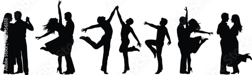 Silhouettes of six dancing couples in dynamic poses expressing romantic movement, passion, and performance art on white background