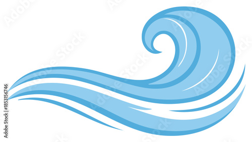 Cartoon graphic illustration of an ocean wave, representing water flow with blue lines.