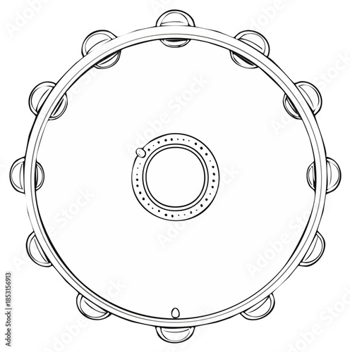 Black and white line art illustration of a tambourine with jingles, a musical percussion instrument