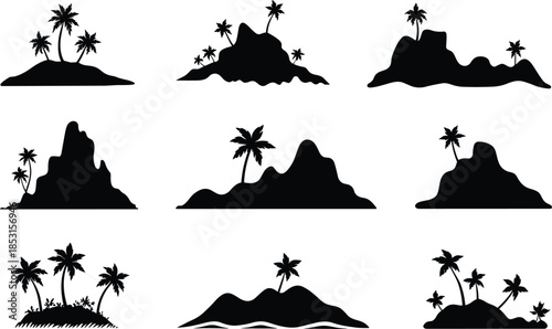 Tropical island silhouette set with varied palm tree arrangements and landforms for travel, nature, and decorative themes.